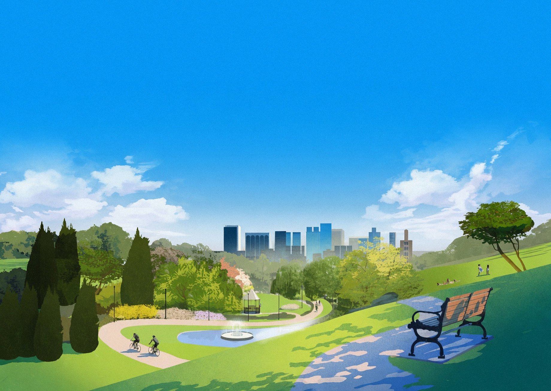 An illustrated park connecting families, schools, and the city